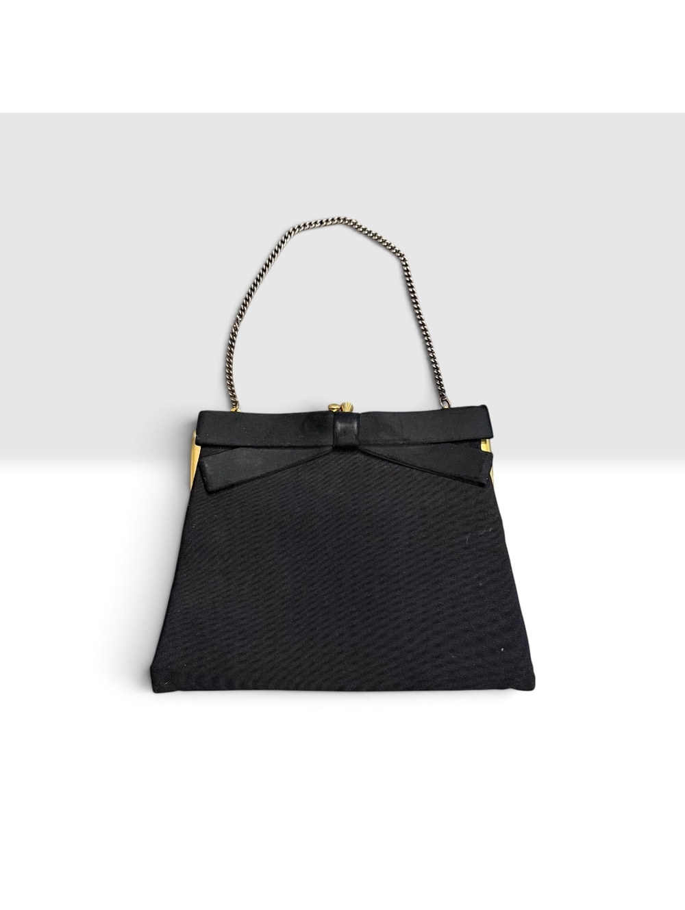 Vintage 1950s Black Bow Evening Bag Gold Chain Kiss Lock Purse